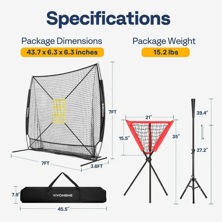 SPECSTAR Baseball Net, 7 x 7 ft Baseball Softball Hitting Net with Large Ball Collection System, with 2 Strike Zone, Batting Tee, Carry Bag