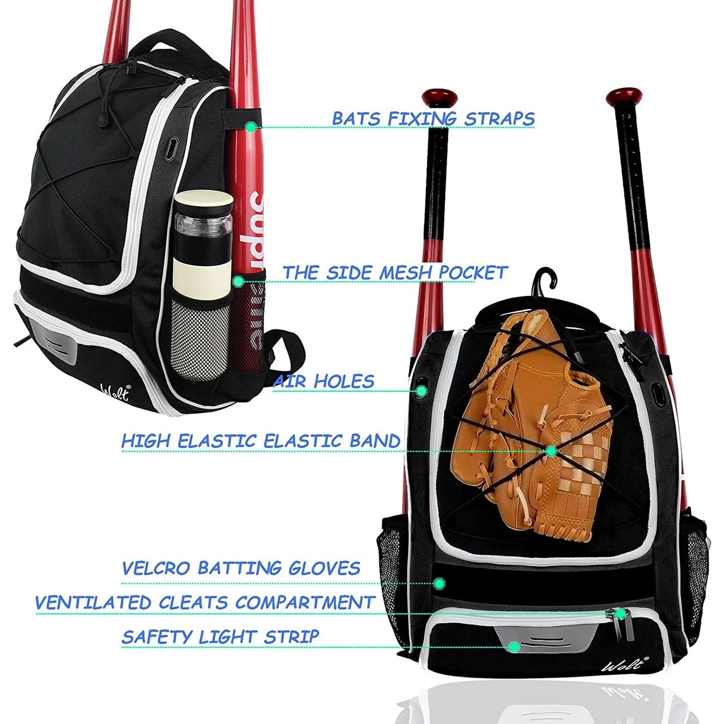 WOLT | Youth Baseball Bag Backpack-Youth Boys Baseball Bat Backpack New Outdoor Sports Equipment Softball Bag Black