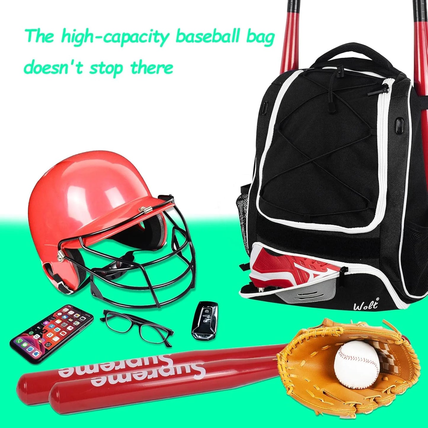 WOLT | Youth Baseball Bag Backpack-Youth Boys Baseball Bat Backpack New Outdoor Sports Equipment Softball Bag Black