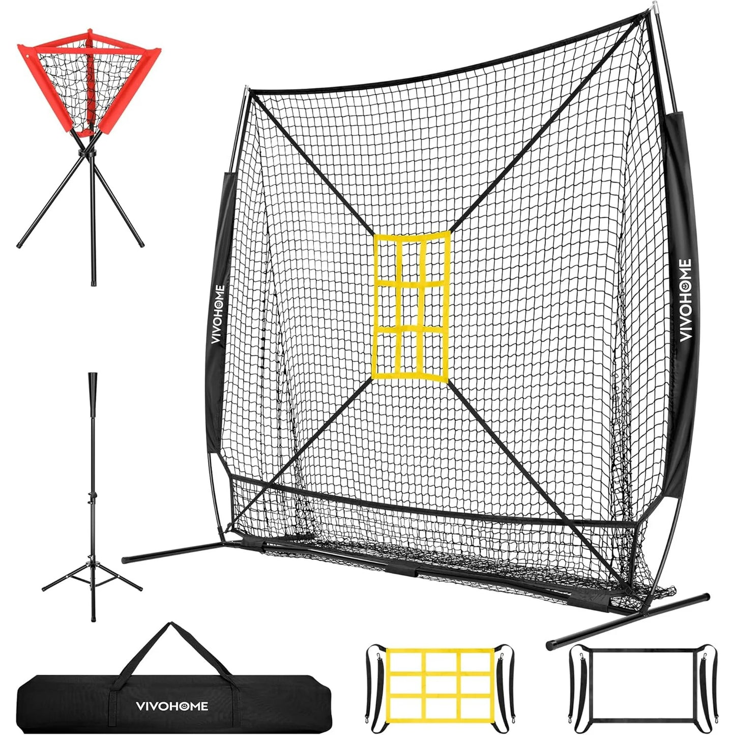 SPECSTAR Baseball Net, 7 x 7 ft Baseball Softball Hitting Net with Large Ball Collection System, with 2 Strike Zone, Batting Tee, Carry Bag