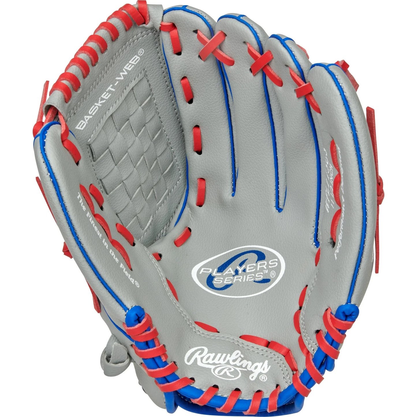 Rawlings Players Series Youth Tball/Baseball Glove, Gray/Blue/Red, 11.5 inch, Right Hand Throw