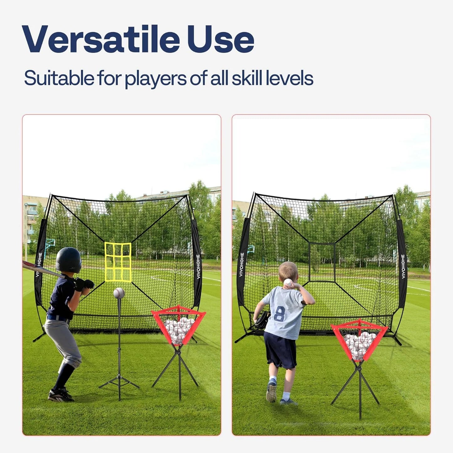 SPECSTAR Baseball Net, 7 x 7 ft Baseball Softball Hitting Net with Large Ball Collection System, with 2 Strike Zone, Batting Tee, Carry Bag
