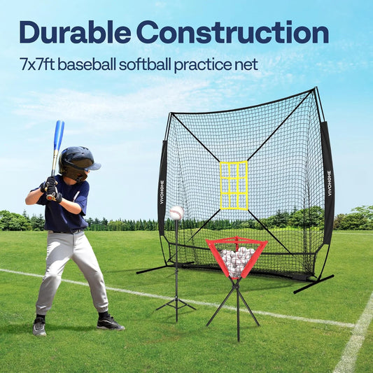 SPECSTAR Baseball Net, 7 x 7 ft Baseball Softball Hitting Net with Large Ball Collection System, with 2 Strike Zone, Batting Tee, Carry Bag