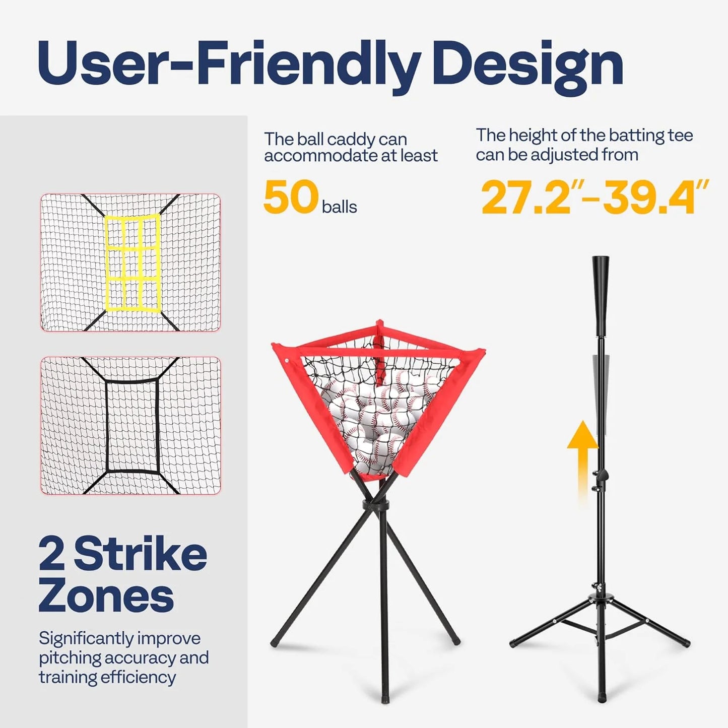 SPECSTAR Baseball Net, 7 x 7 ft Baseball Softball Hitting Net with Large Ball Collection System, with 2 Strike Zone, Batting Tee, Carry Bag
